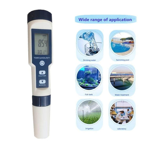 5 IN 1 Waterproof Water Quality PH Tester Thermometer TDS EC Salinity Meter