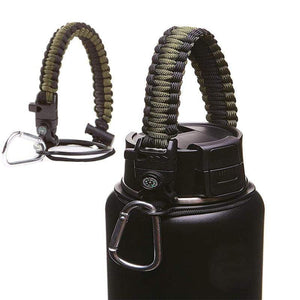 Paracord Handle for Wide Mouth Water Bottle w Carabiner Compass - 12 oz to 64 oz